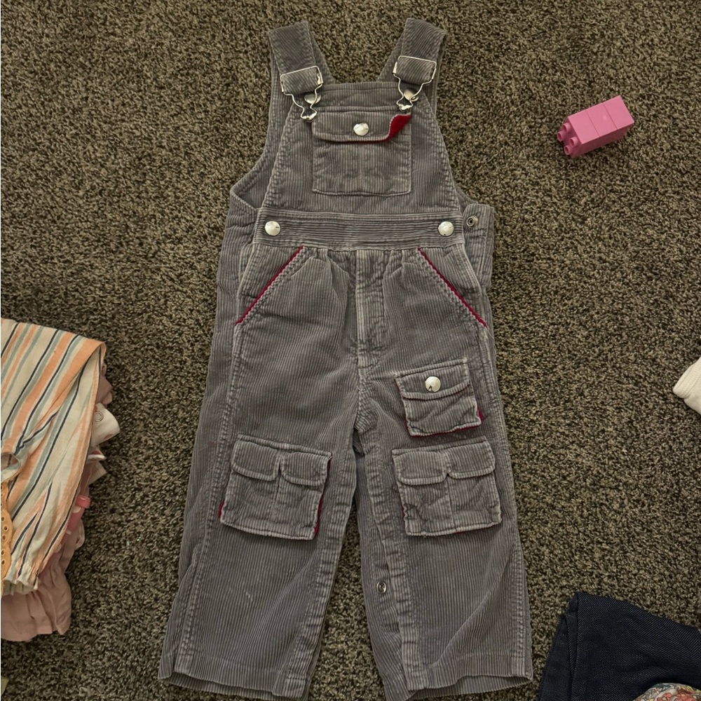 Gray Corduroy Overalls with Red Accents